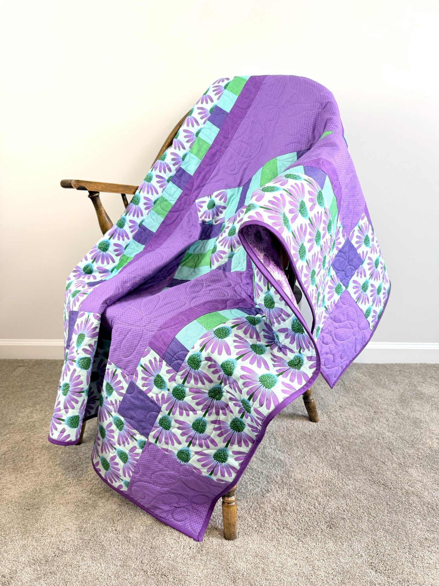 Purple Echinacea Flower Throw Quilt