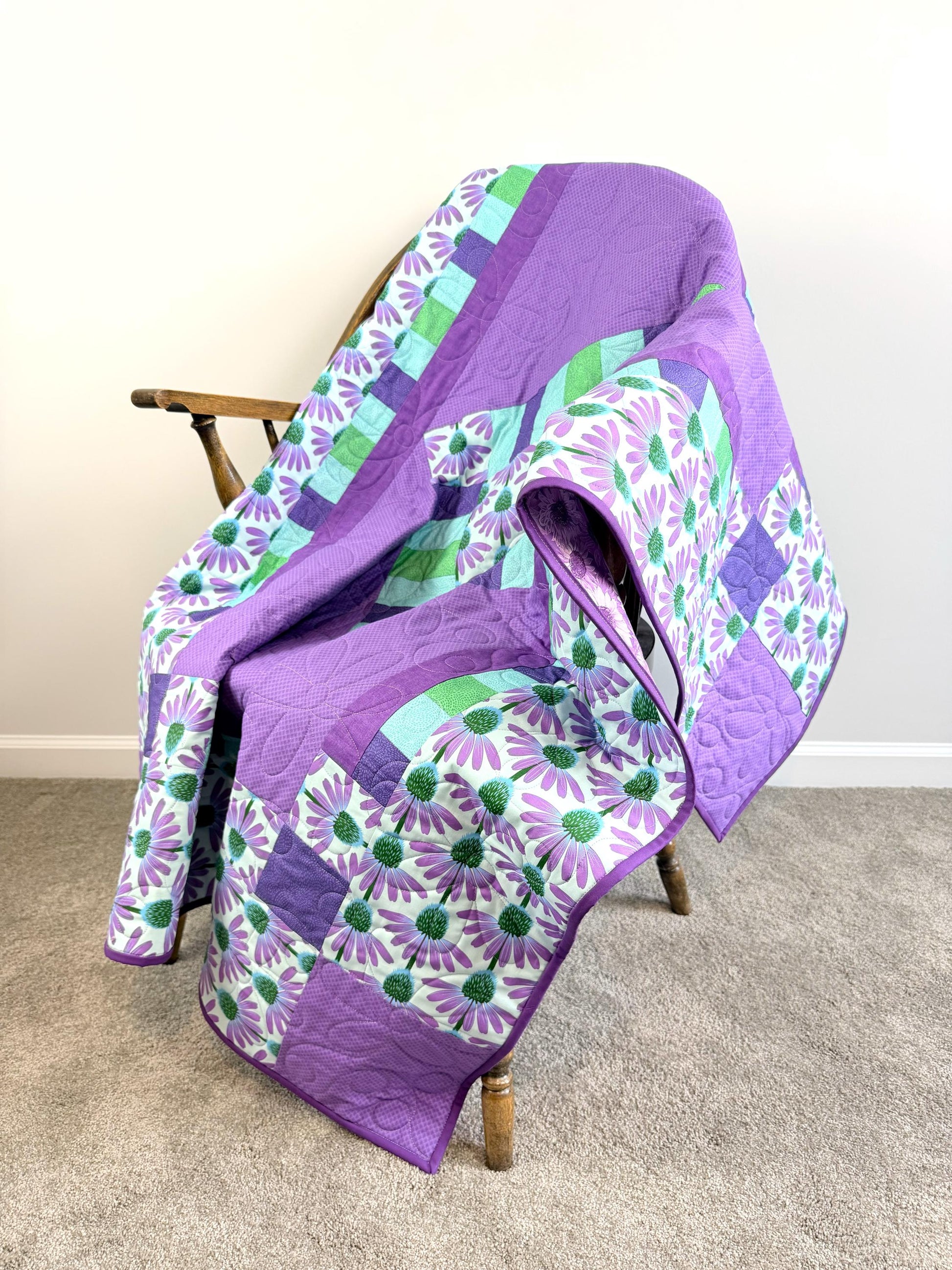 Purple Echinacea Flower Throw Quilt