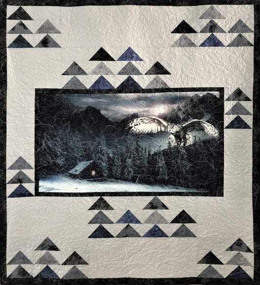 Owl in Flight Quilt Over Cabin in the Forest, Gray, Blue, and Black, Lap Size