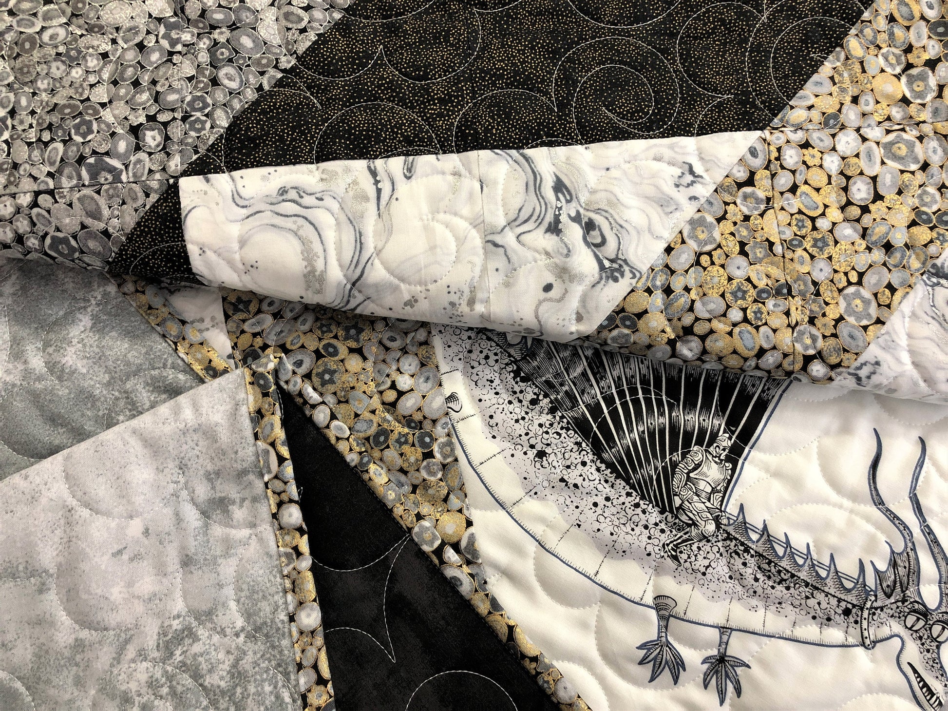 Dragons Quilt, White, Black, Metallic Gold and Silver, Queen Size