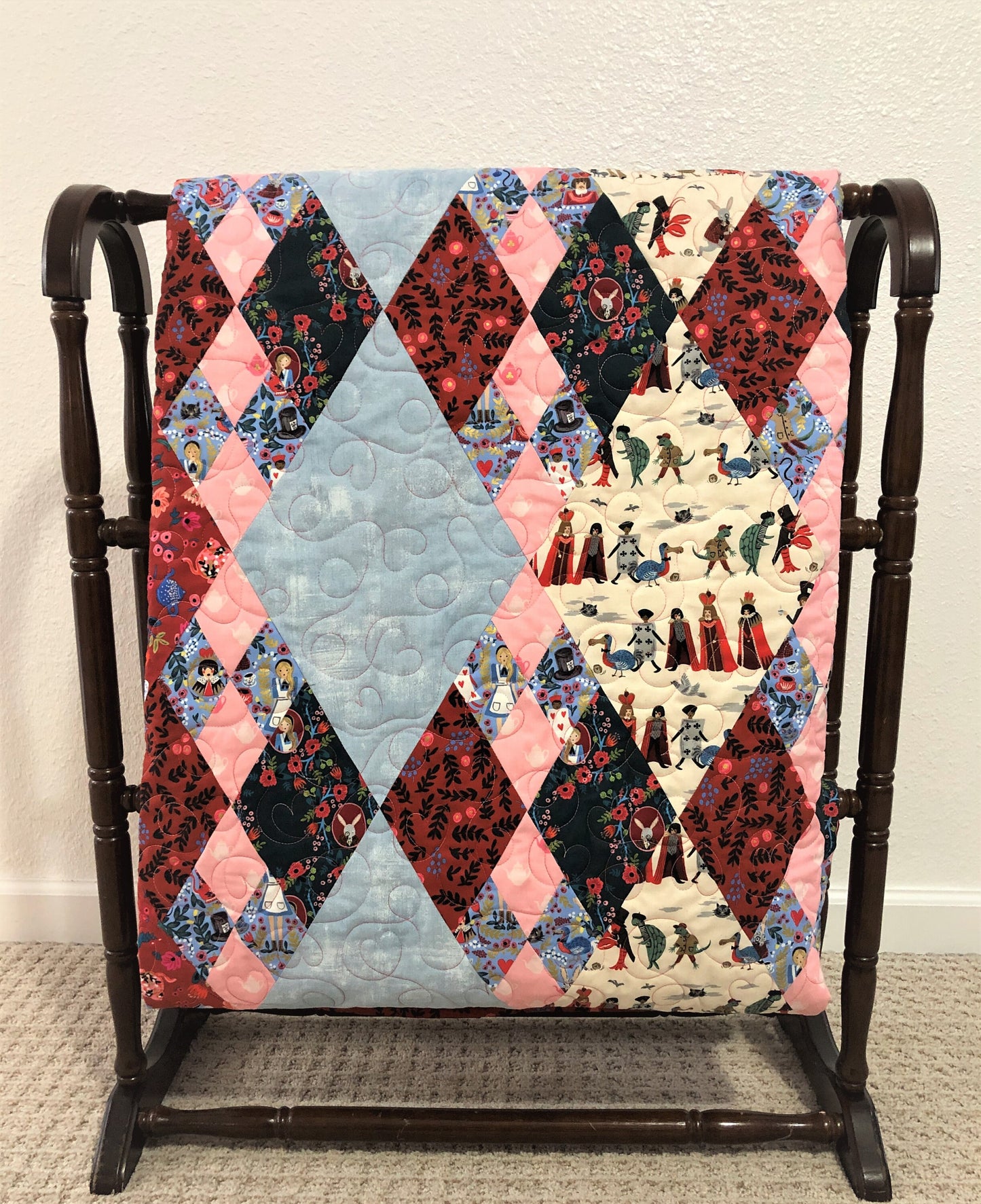 Alice In Wonderland Quilt, Red, Pink, light Blue, and Cream, Diamond Pattern, Throw Size