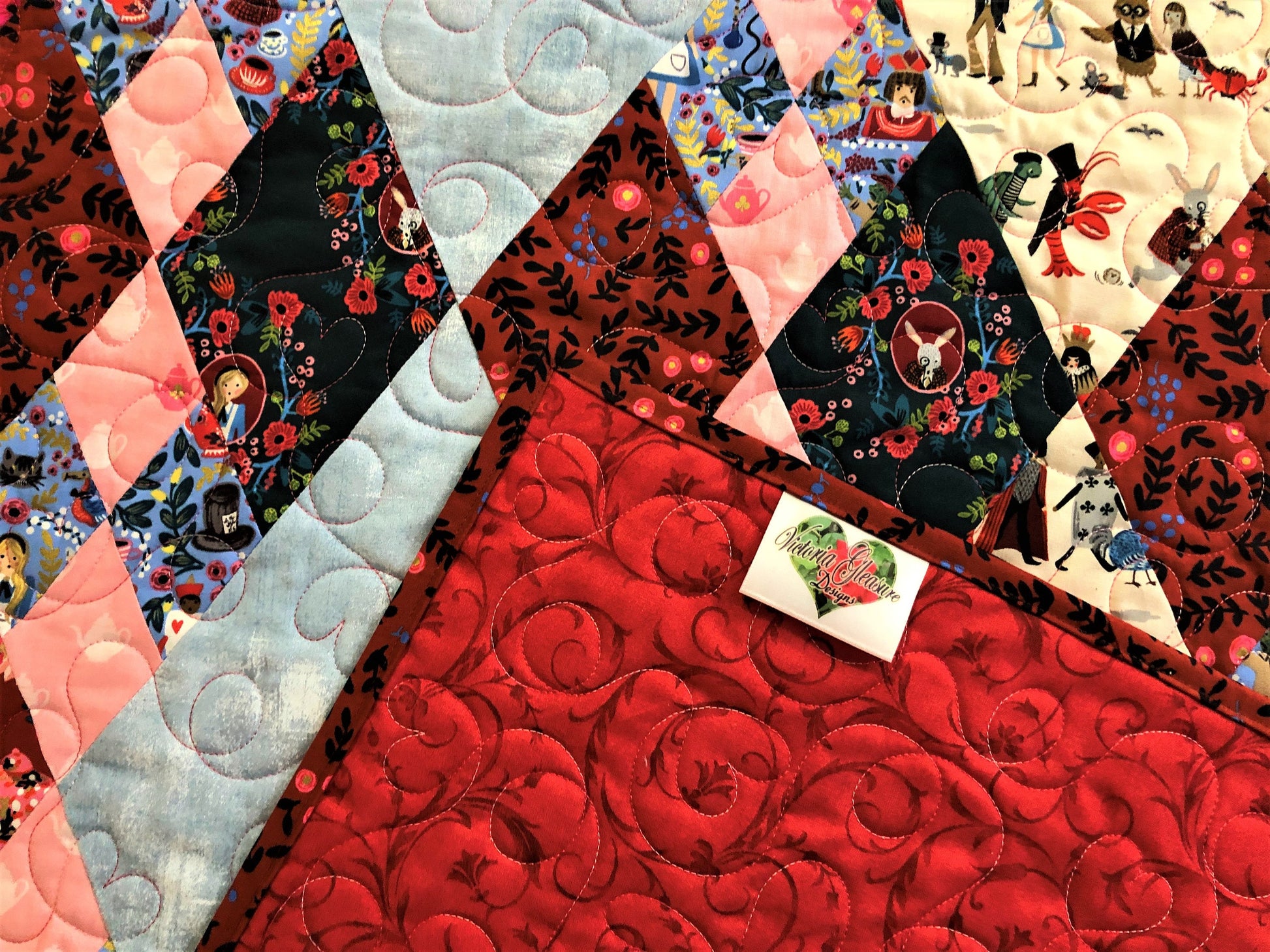 Alice In Wonderland Quilt, Red, Pink, light Blue, and Cream, Diamond Pattern, Throw Size