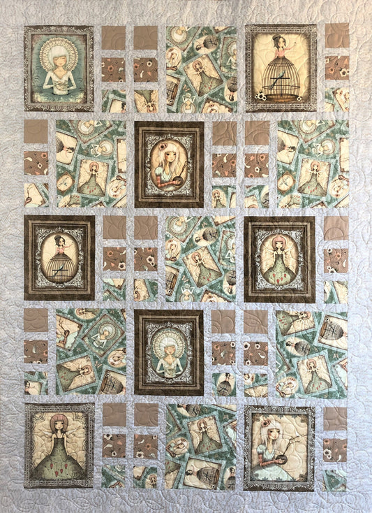 Girls With Birds and Flowers Quilt, Gray and Brown, Lap Size