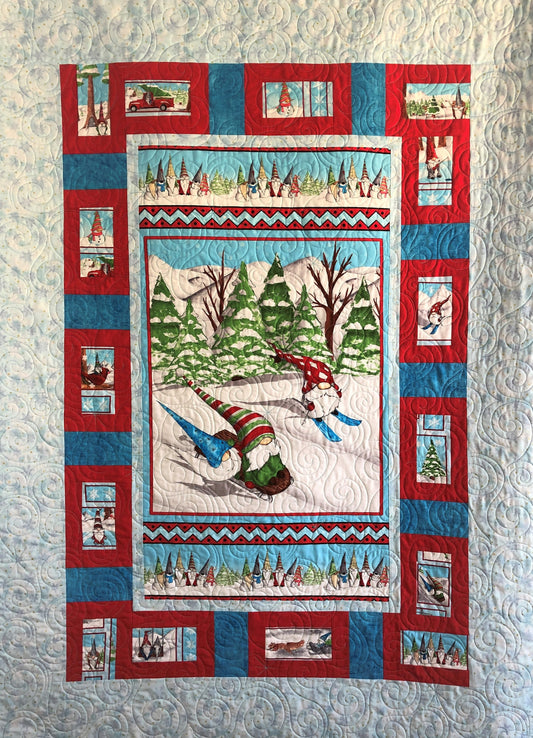 Gnomes Sledding Quilt, Red and Blue, Throw Size