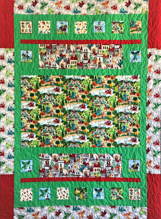 Knights and Castles Small Quilt, With Dragons, Green, Gray, and Red, With Pocket Wall Hanging