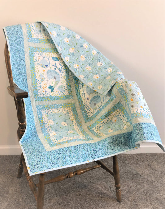Ocean Quilt, With Whales, Fish, and Starfish, Blue and White, Crib Size