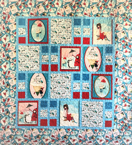 Winter Wonderland Quilt, Girl and Bunny Building a Snowman, Blue and Red, Throw Size