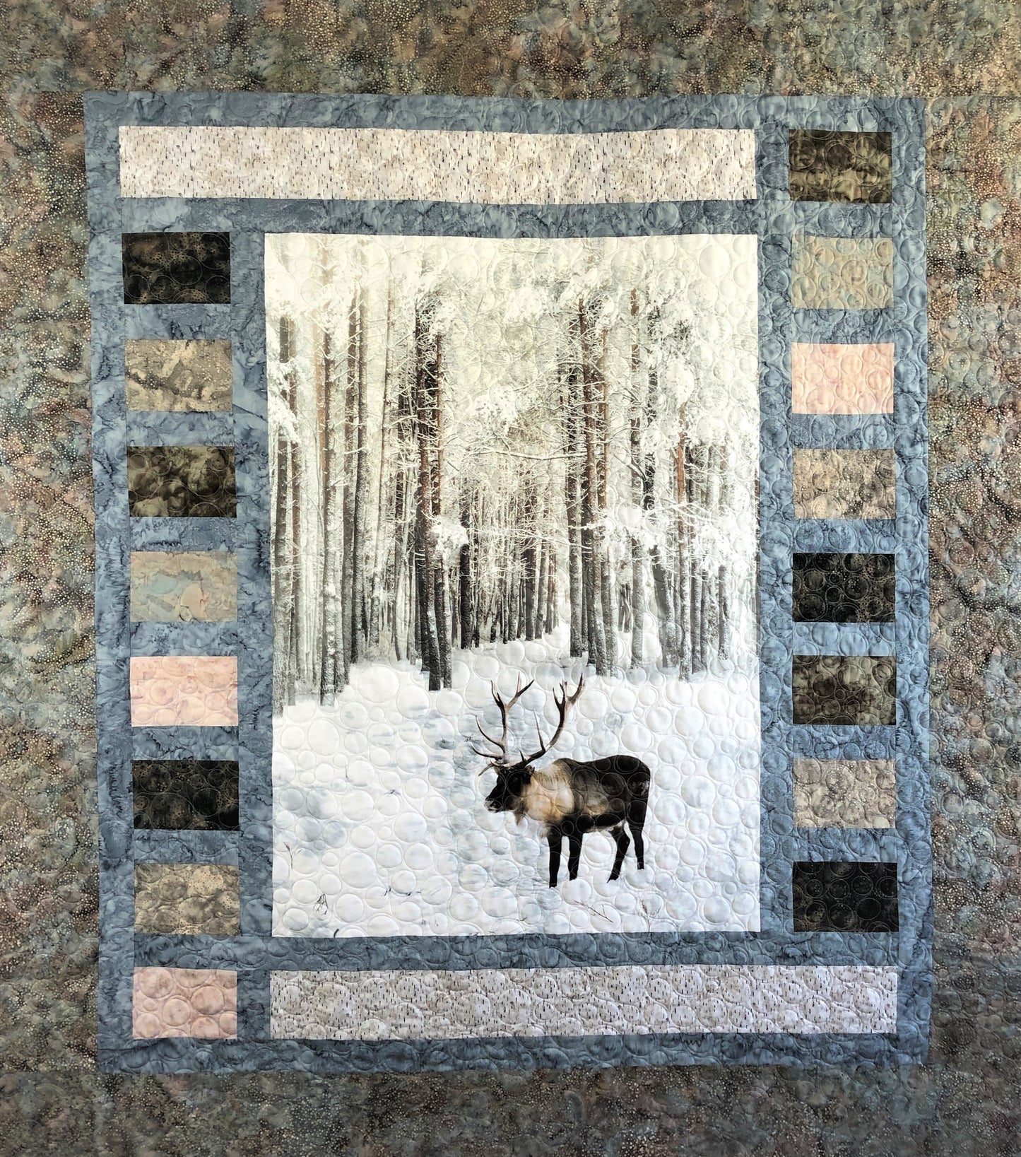 Caribou in the Snowy Woods Quilt, White and Blue, Throw Size