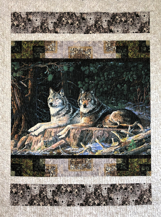 Wolves in the Woods Quilt, Tan, Gray, and Green, Lap Size
