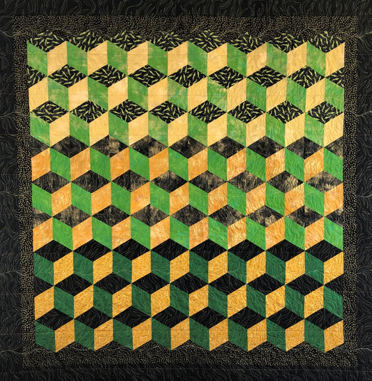 Loki Quilt, Cube Optical Illusion, Green, Black, and Gold, Throw Size