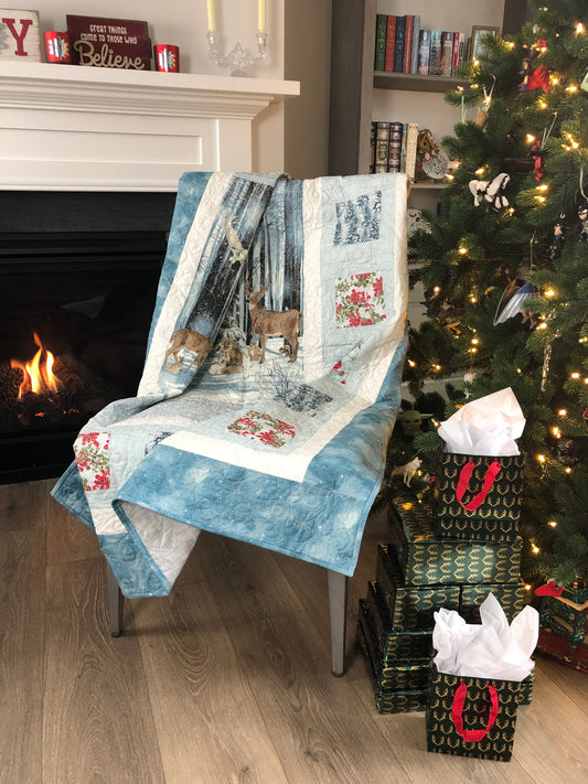 Winter Forest Animals Lap Quilt, Around a Christmas Tree, Light Teal, Light Blue, and White, Lap Size