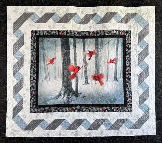 Winter Forest with Cardinals, Landscape Throw Size Quilt