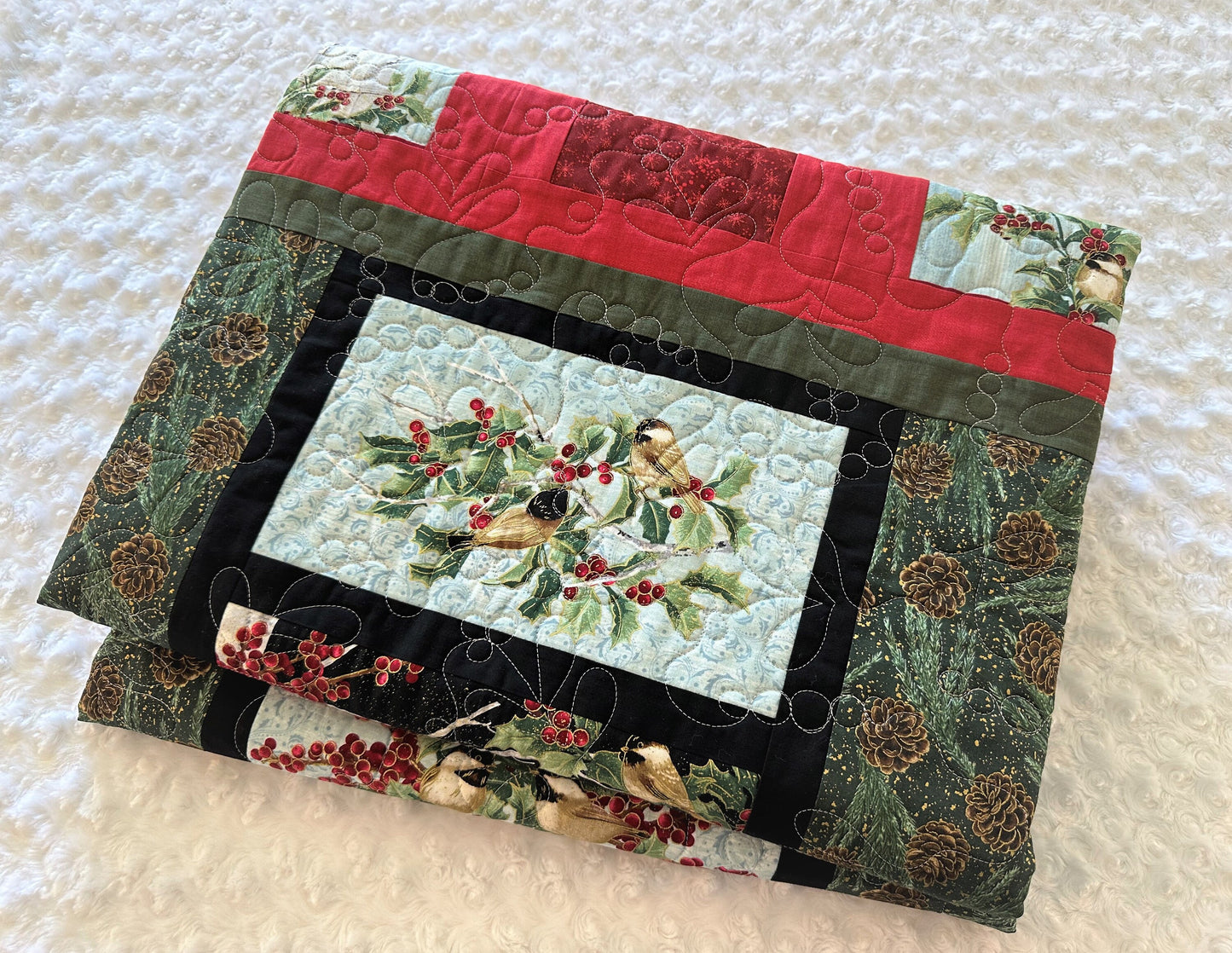Chickadee Birdhouse with Holly Throw Quilt