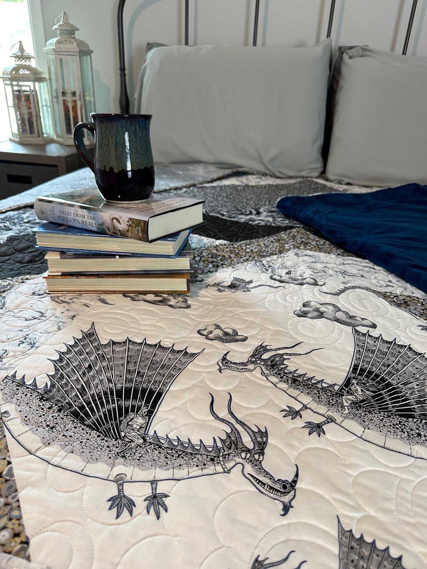 Dragons Quilt, White, Black, Metallic Gold and Silver, Queen Size
