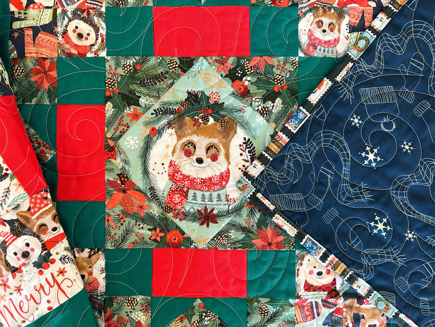 Cheerful Holiday Woodland Animal, Christmas Wreath Block, Full Size Quilt