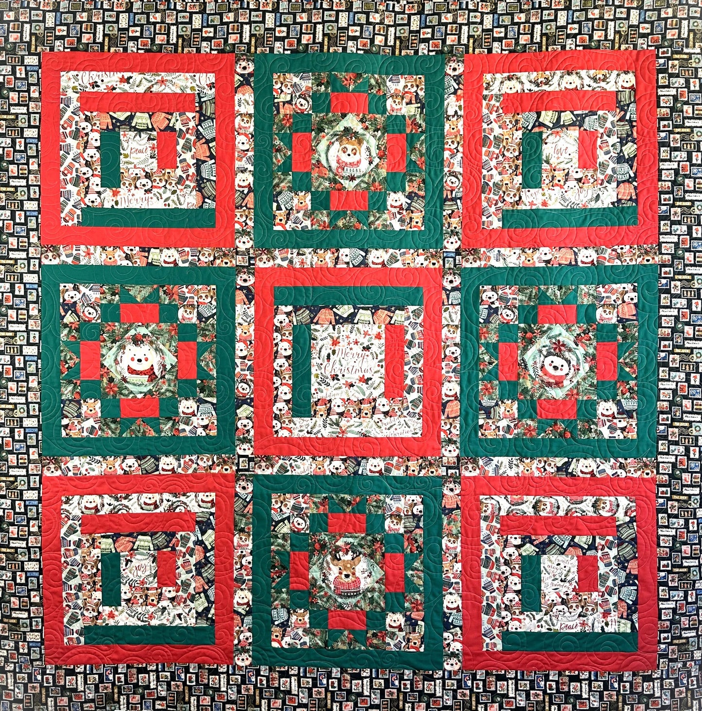Cheerful Holiday Woodland Animal, Christmas Wreath Block, Full Size Quilt